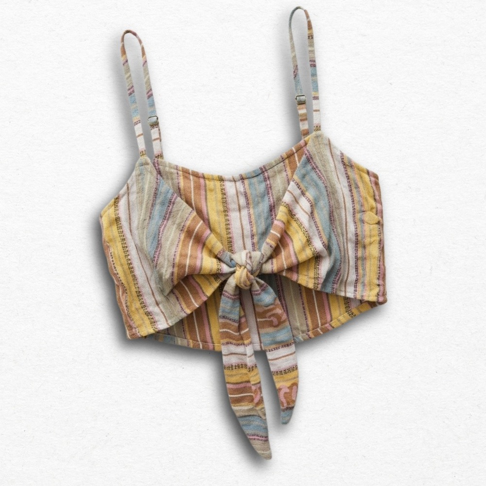 O'Neill Women Striped Tie Front Crop Top Adjustable Straps Boho Summer Cami S